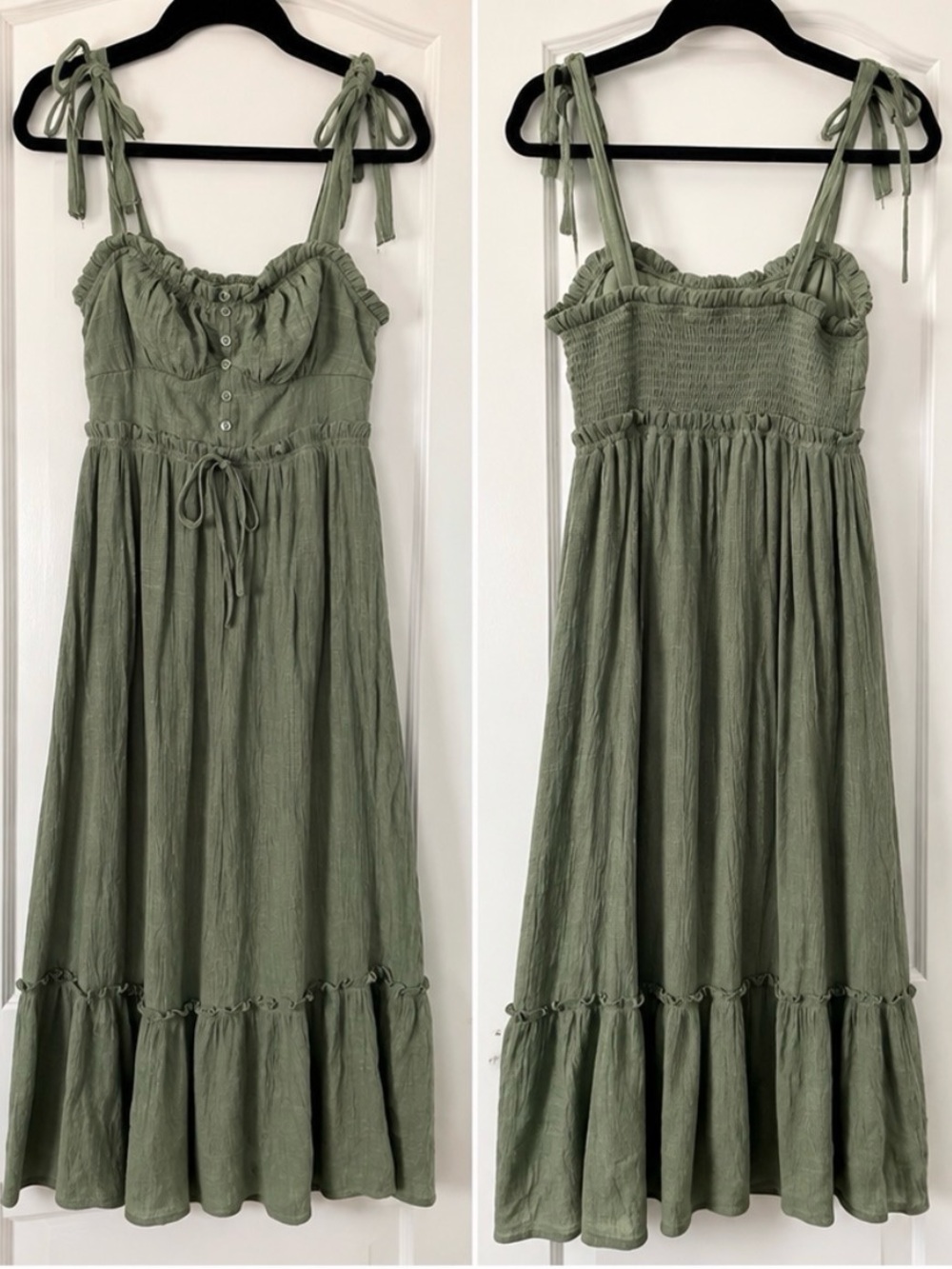 Smocked Tie-Shoulder Midi Dress in Sage Green